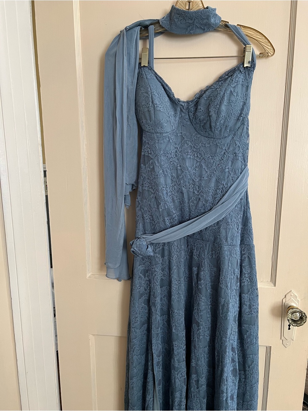 New, Blue Strapless Lace Evening Dress From SHEIN, with Chiffon Sash